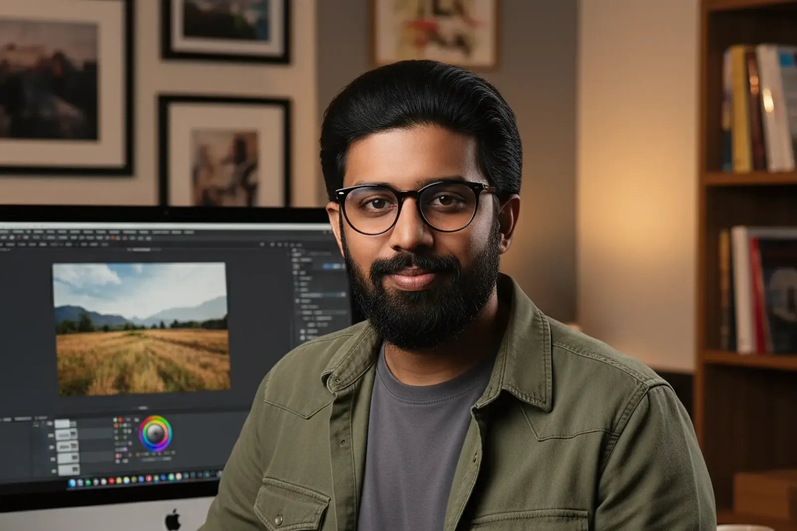 Harinda Fernando at his desk, a color-calibrated monitor showing a landscape photo and a color wheel behind him.