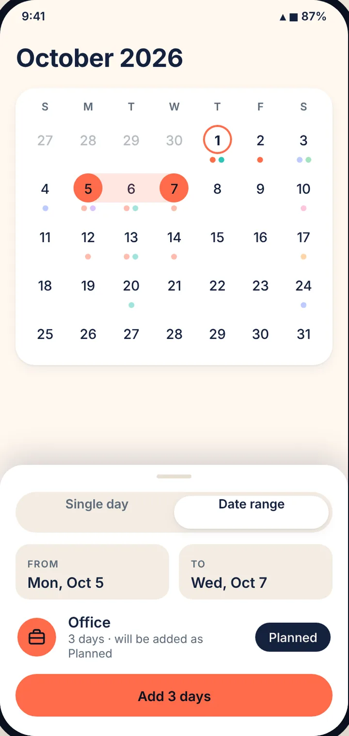 Adding Office to a date range on the calendar