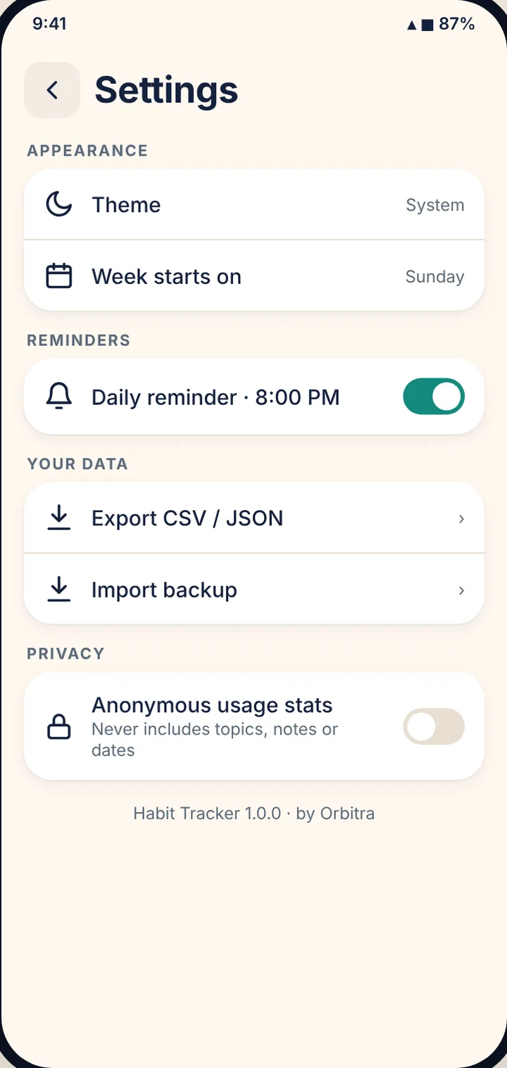 Habit Tracker: Settings