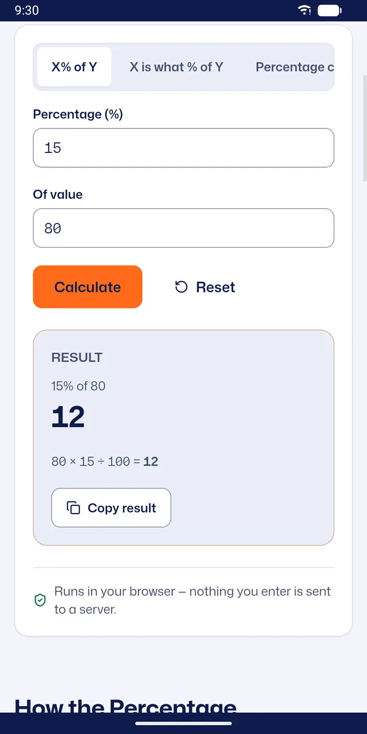 The percentage calculator with its formula